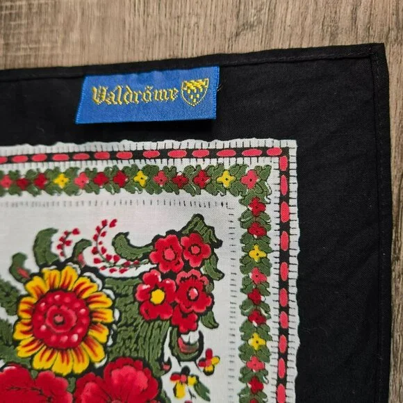 Vintage Valdrome France Vibrant Floral Cotton Scarf 24x24 Red Yellow Flowers
